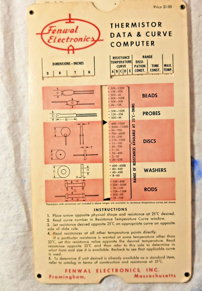Fenwal Electronics Thermistor Data & Curve Computer Slide Rule 1959 VTG Science