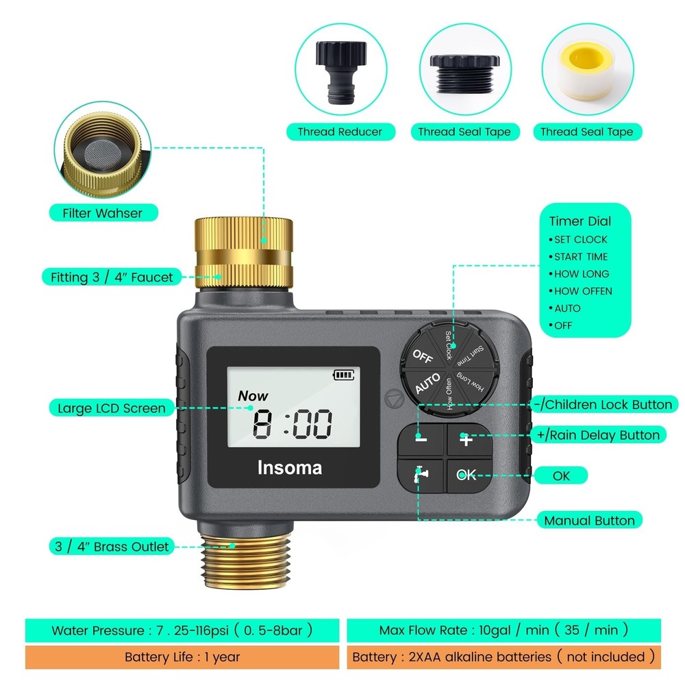 Sprinkler Timer with Brass Inlet and Outlet, Programmable Water Timer for Out...