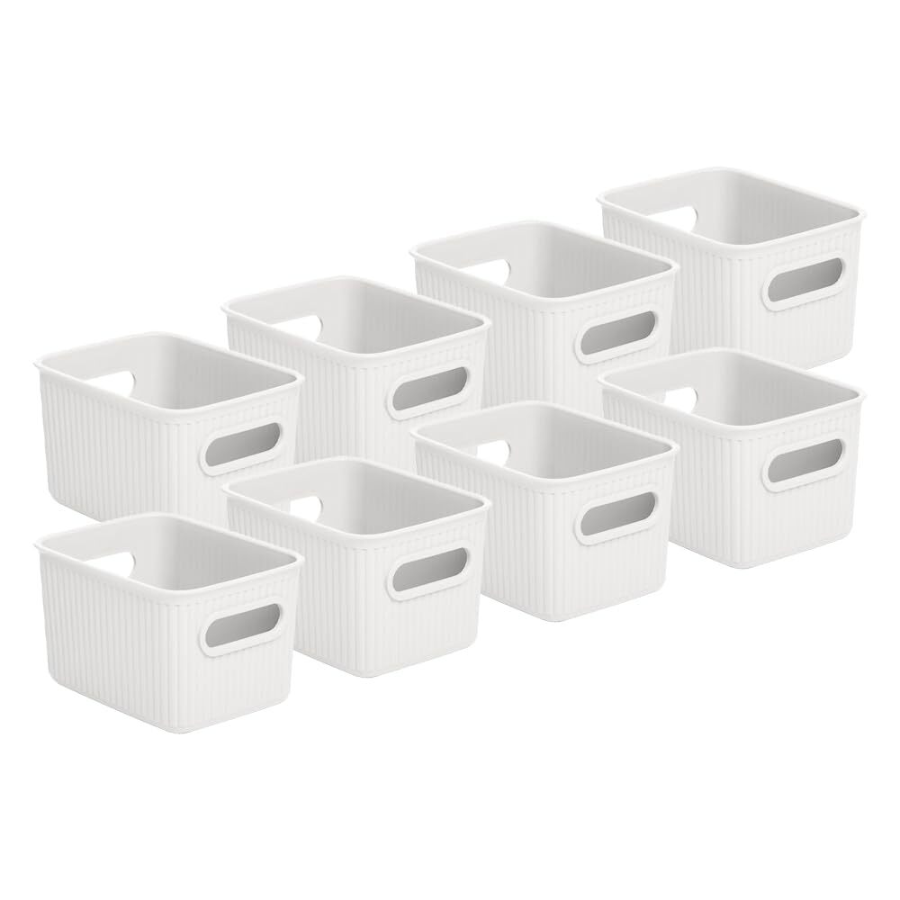 1.5 L Mini Ribbed Storage Bin, Decorative Plastic Storage Baskets, White, 8 Pack