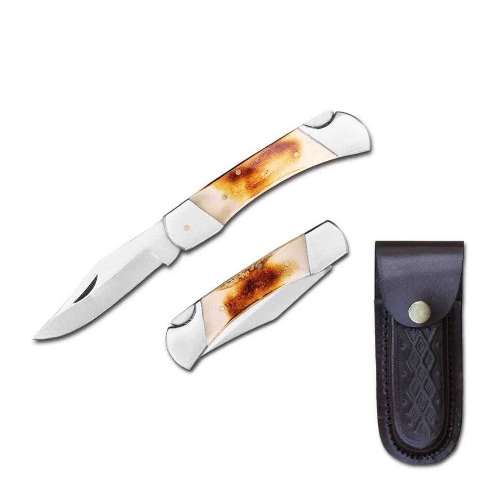 3" Bone Handle Lockback Pocket Knife with Sheath