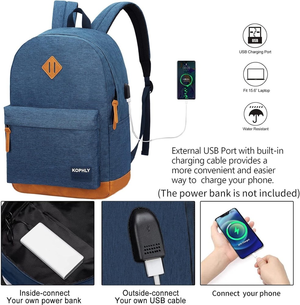 Laptop Backpack with Leather Decoration, USB Charging Port, Classic Backpack ...