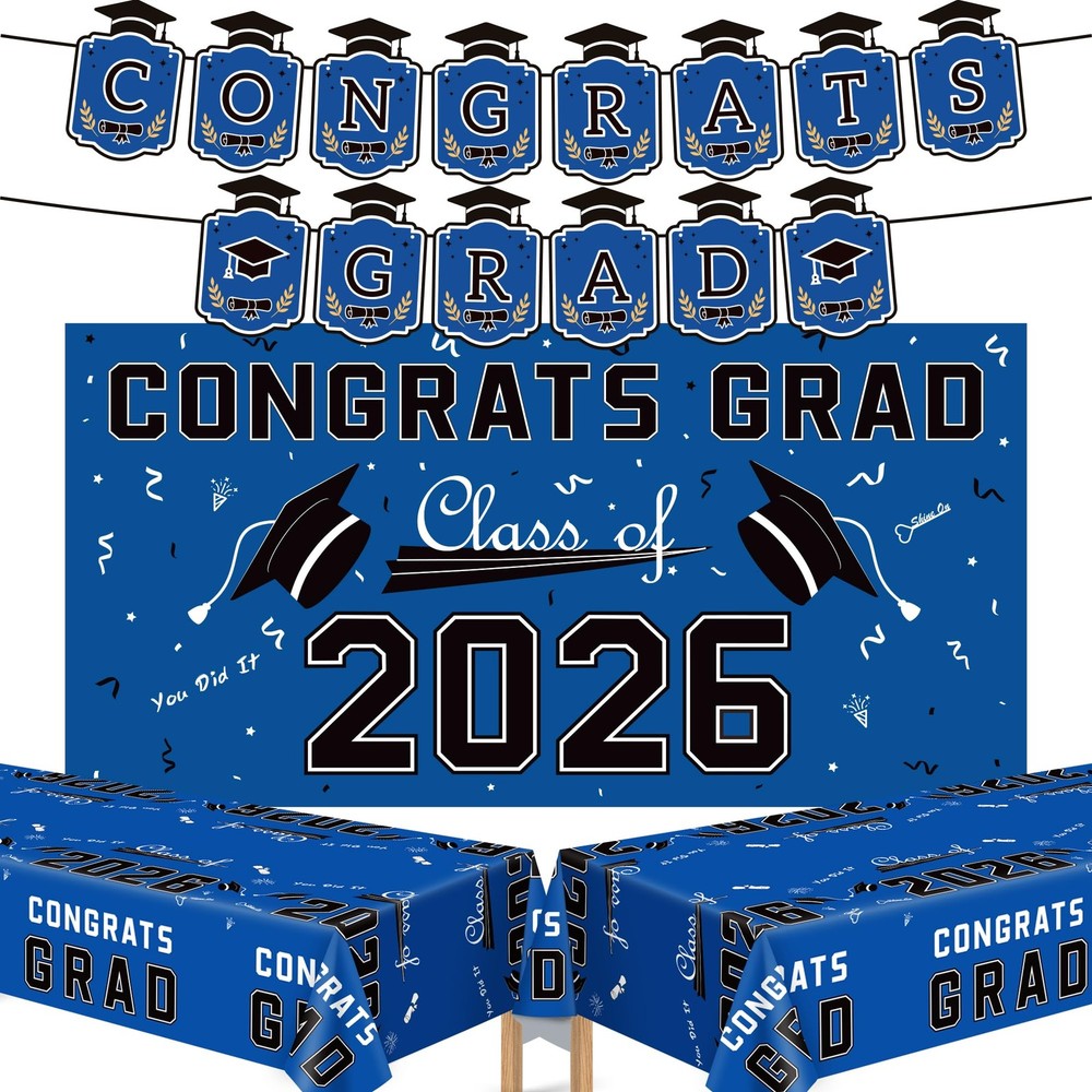 Graduation Decorations 2026 - Blue Congrats Grad Banner Backdrop Tablecloth S...
