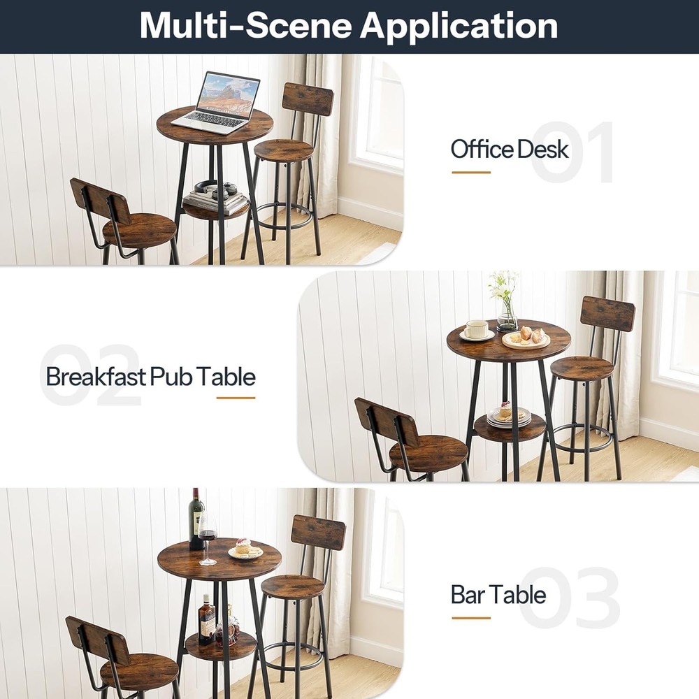 3 Pieces Round Bar Height Table & Chairs Set Round Dining Table Set Pub Table