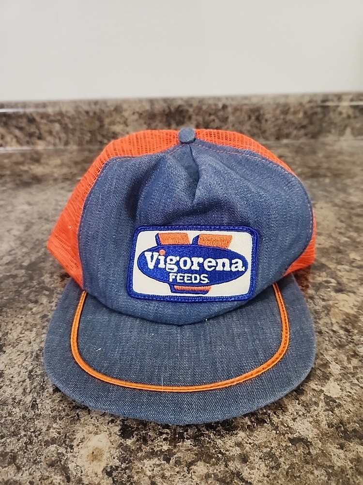 Vtg Vigorena Feeds Snapback Trucker Hat Mesh Patch Orange Denim