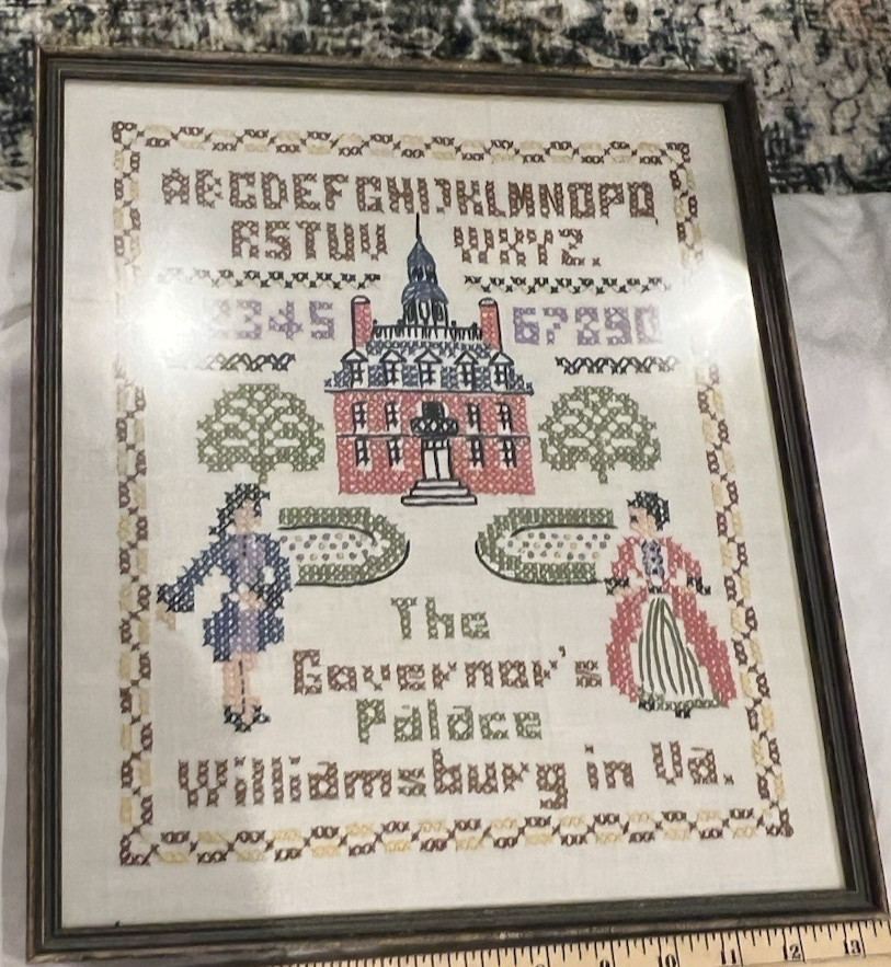 Framed Cross Stitch Sampler Governor’s Palace Williamsburg VA Needlework