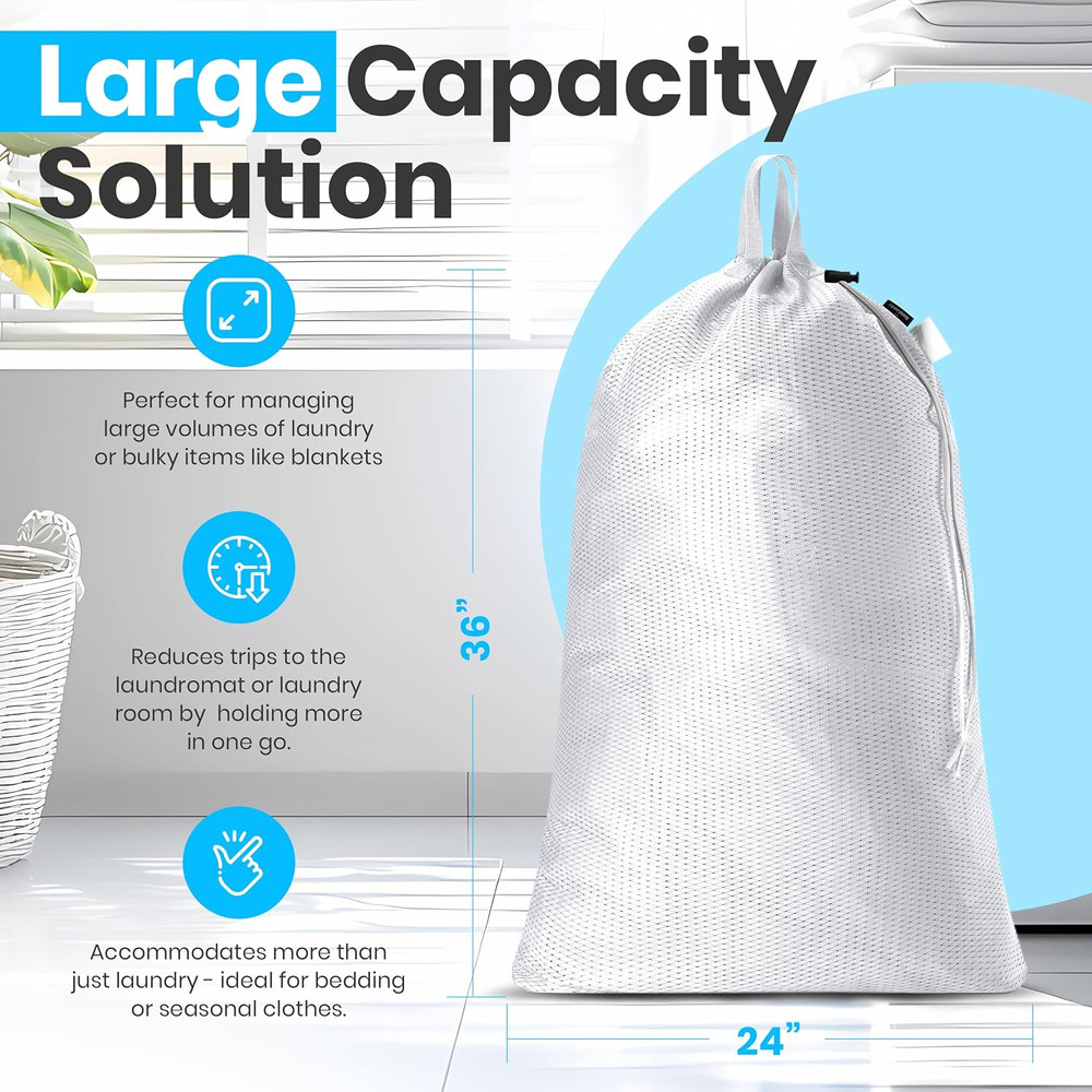 Large Mesh Laundry Bags – Heavy-Duty, Handles, Shoulder Strap, Drawstring, White