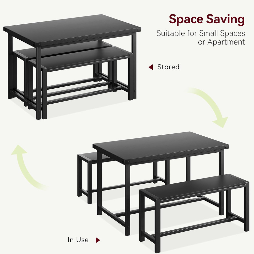 Dining Table Set with 2 Benches, Space-Saving Kitchen Table for Small Spaces & A