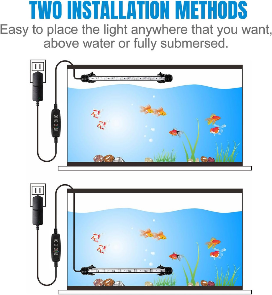 15" White & Blue Submersible LED Aquarium Fish Tank Light with Timer/Dimmable Un