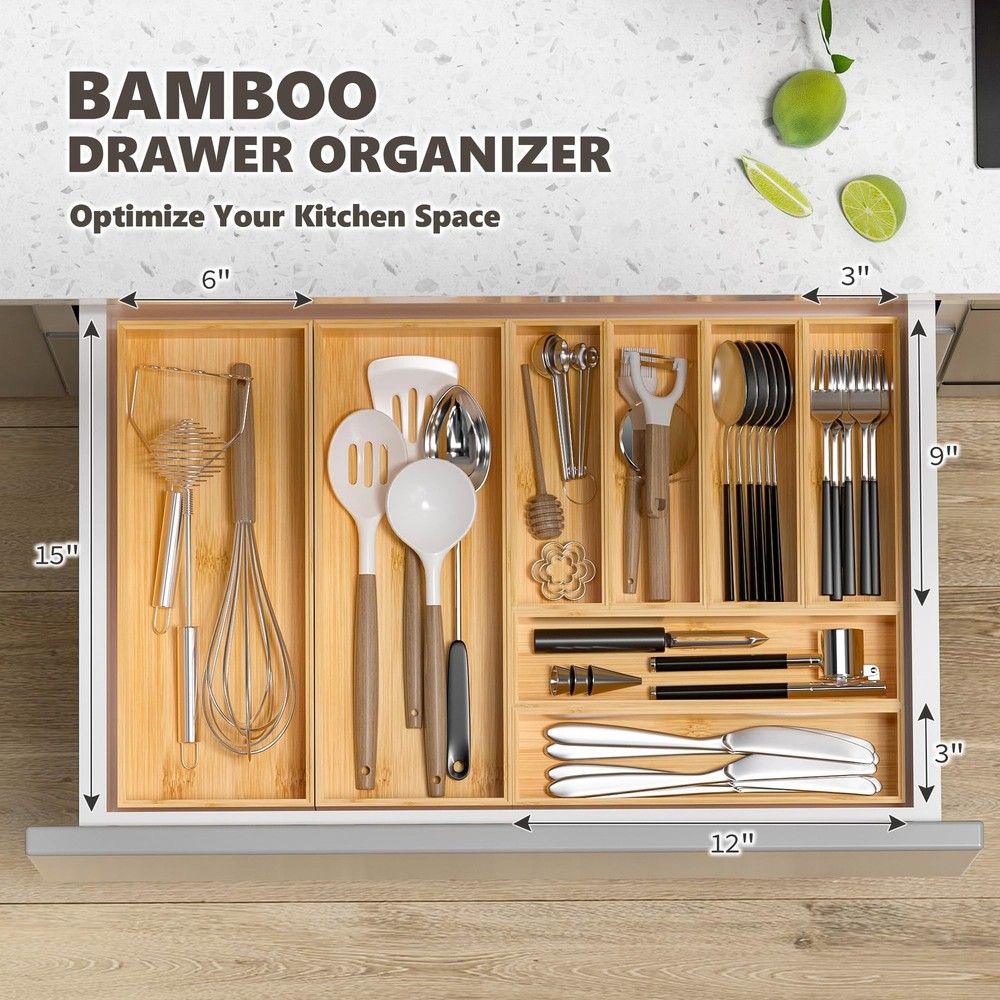 Kitchen Drawer Organizer Bins, Stackable Bamboo Deep Drawer Organizer for Sil...
