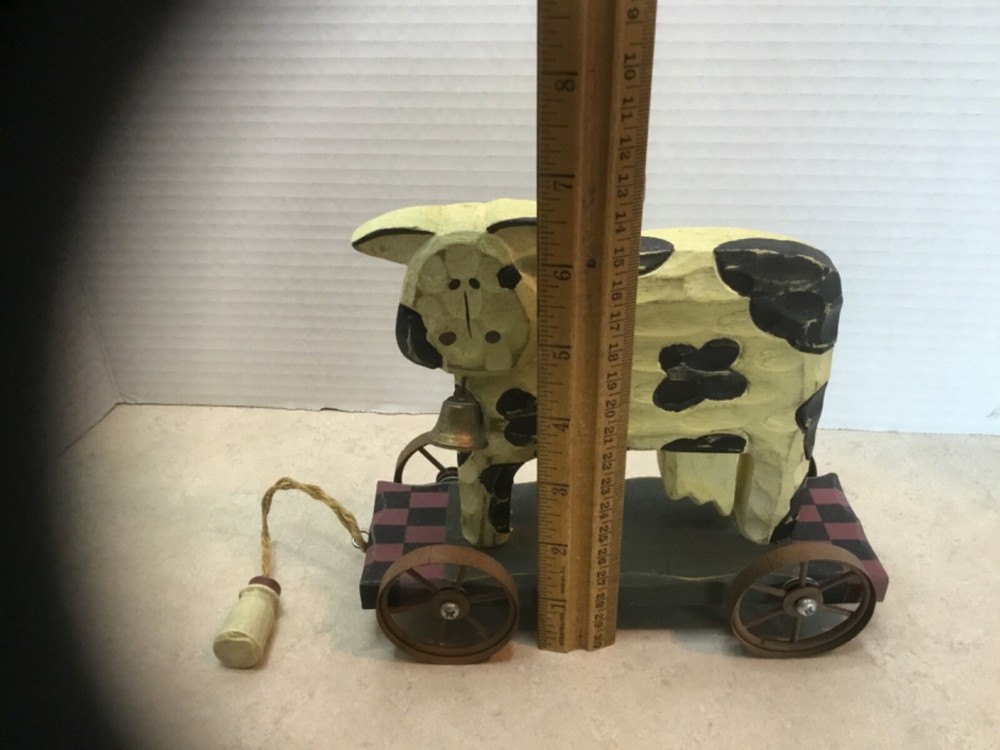 Primitive Wooden Cow Pull Toy with Bell Milk Bottle Pull