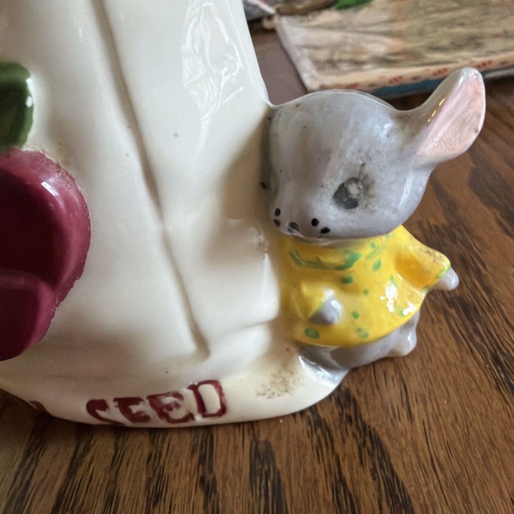 Ceramic Vase/ Match Holder Apple Seed With Mouse
