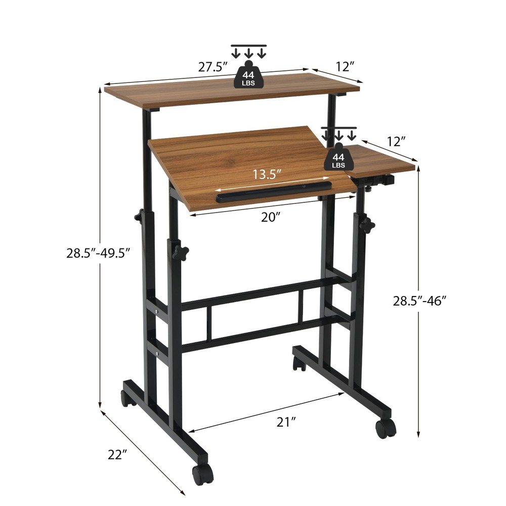 Costwy Mobile Stand up Desk Tilting Workstation Adjustable Computer Desk Walnut