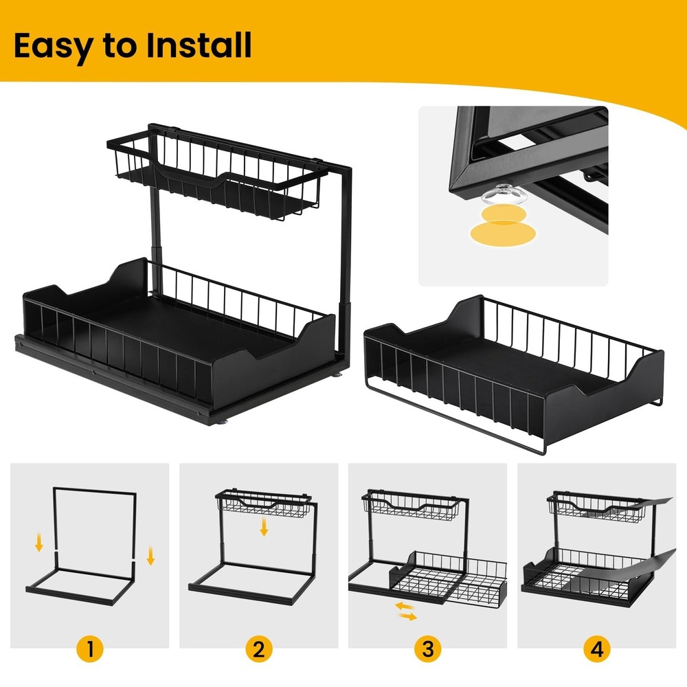 3 Pack, Under Sink Organizer 2-Tier with Slide Out Lower Drawer - Metal Pull ...