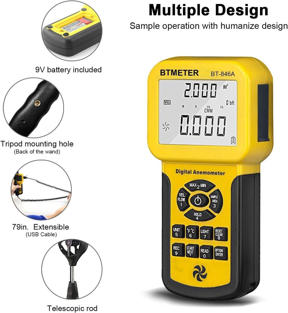 HOLDPEAK Digital Pro CFM Anemometer - HVAC Wind Speed, Air Flow, Temp Meter - US