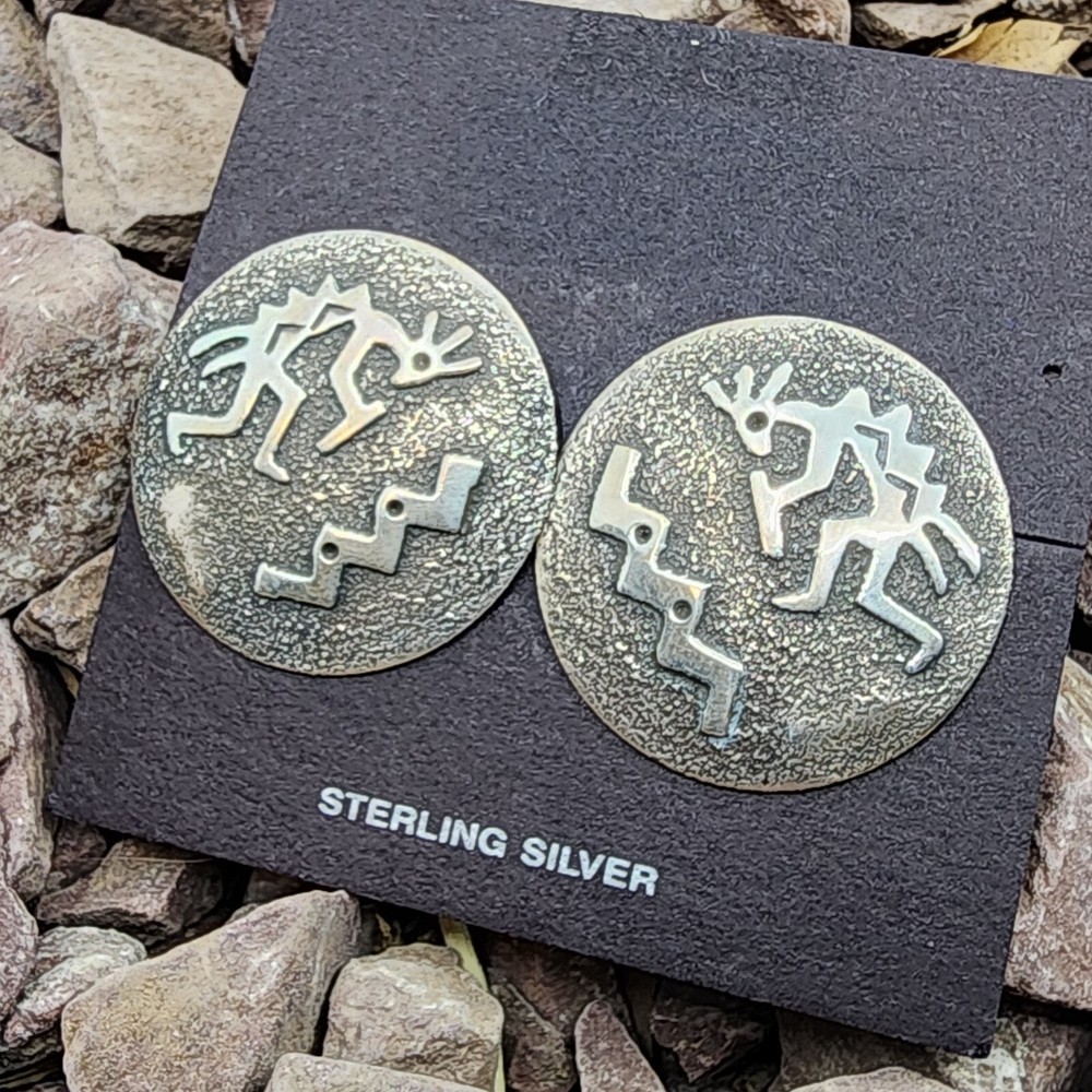 Native American Sterling Silver Kokopelli Round Post Back Earrings 1