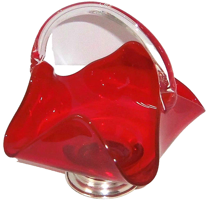 Baldwin Sterling Crystal Ruby Red Basket Clear Handle Silver Base Rare Vintage