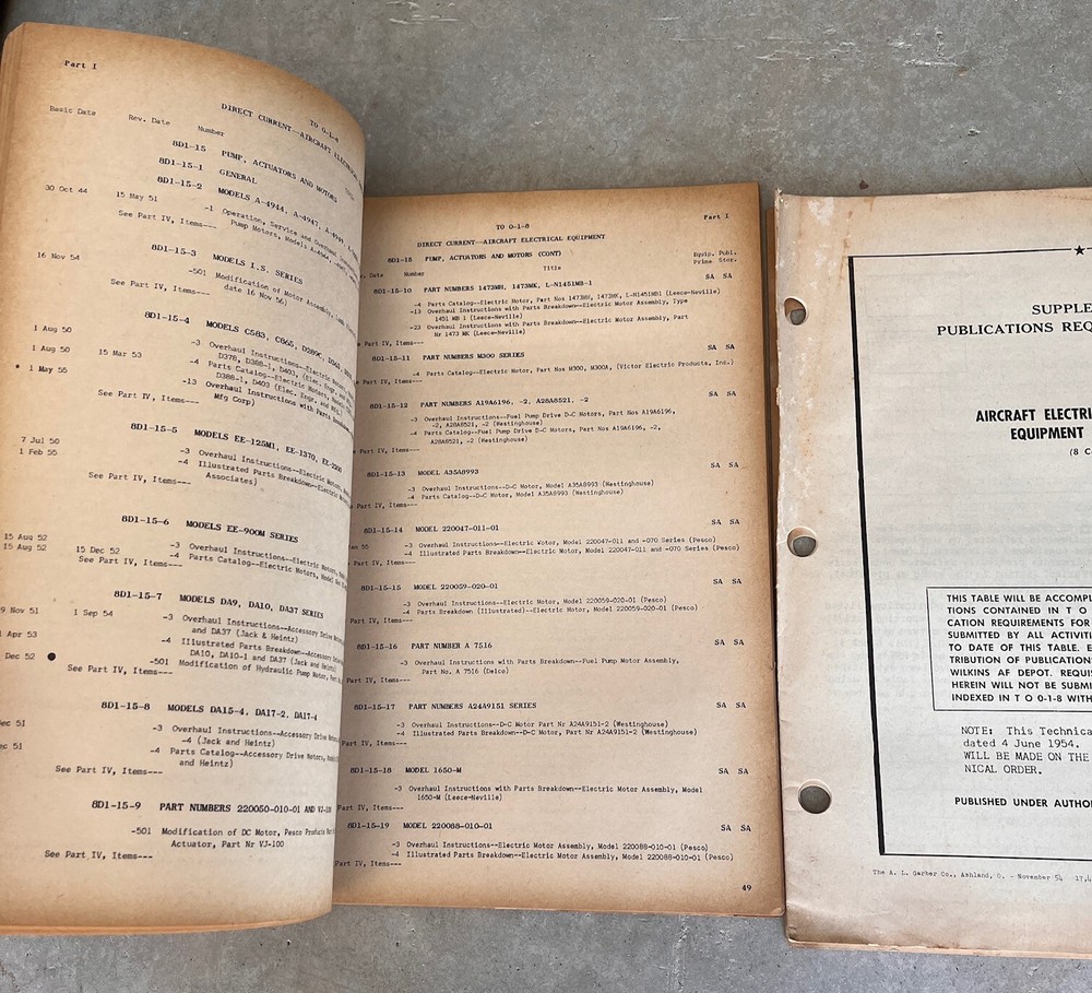 Technical Publications & Table Aircraft Electrical Systems Manuals TO 1954-1955