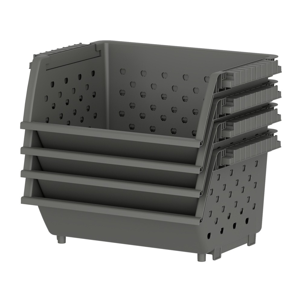Mayish 4 Packs Plastic Large Stacking Organizer Basket, Gray
