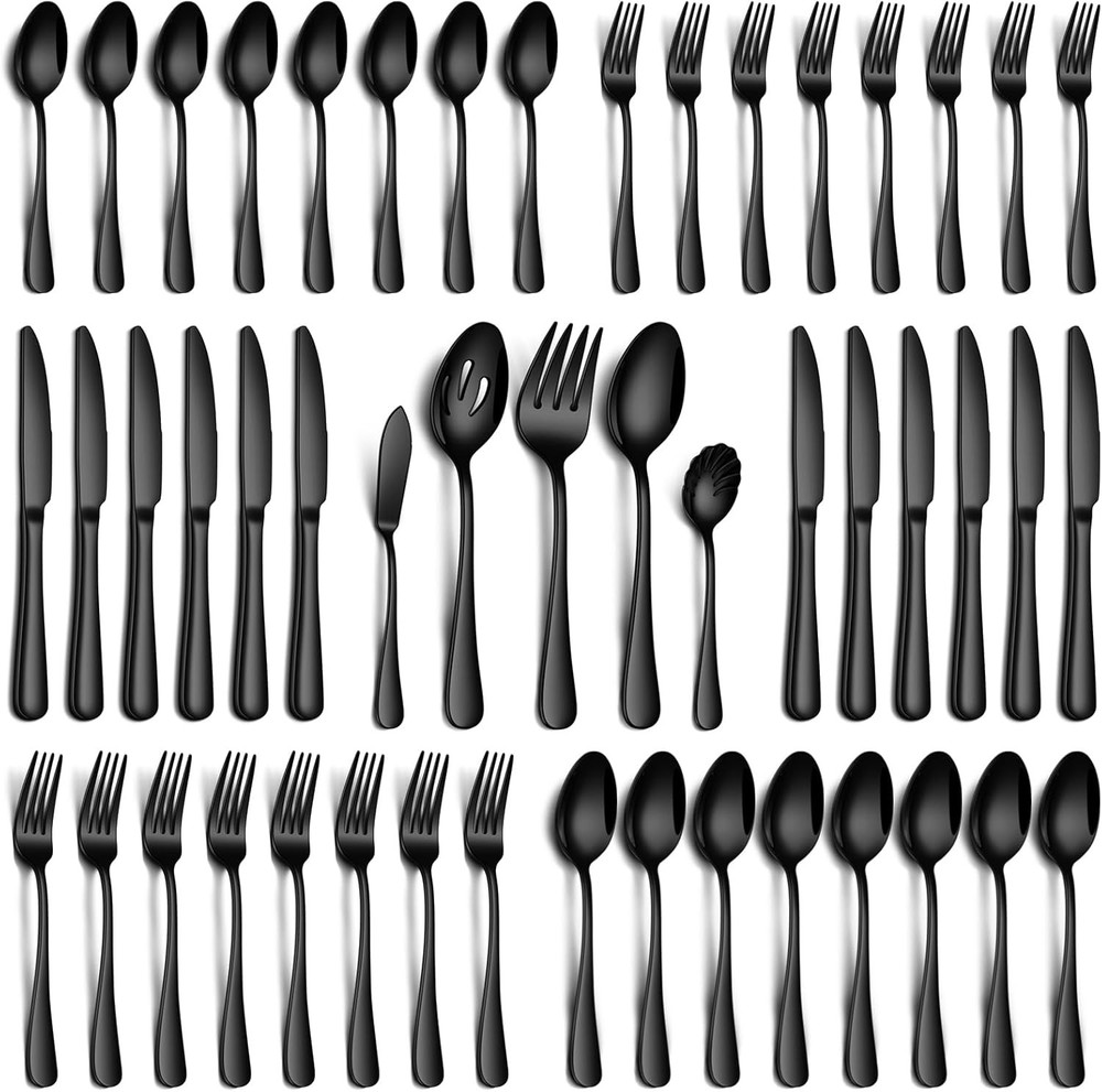 45 Piece Bla Sierware Set with Serving Utensils, Stainl