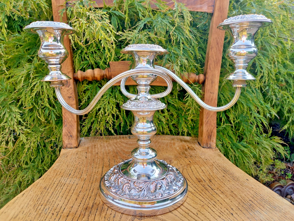Antique Silver Plate on Copper Three Arm Candelabra