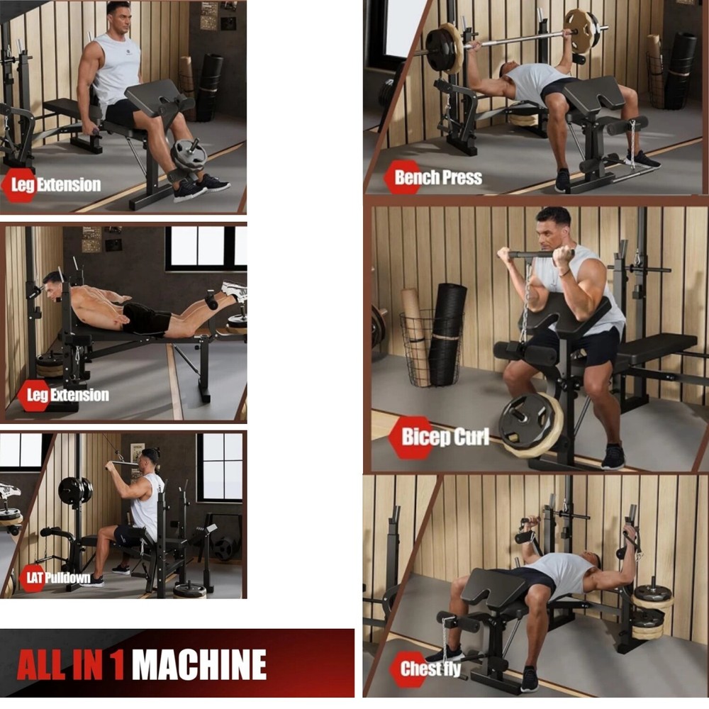 Olympic Weight Bench Set Bench Press Rack w/ Leg Developer LAT Pulldown Foldable