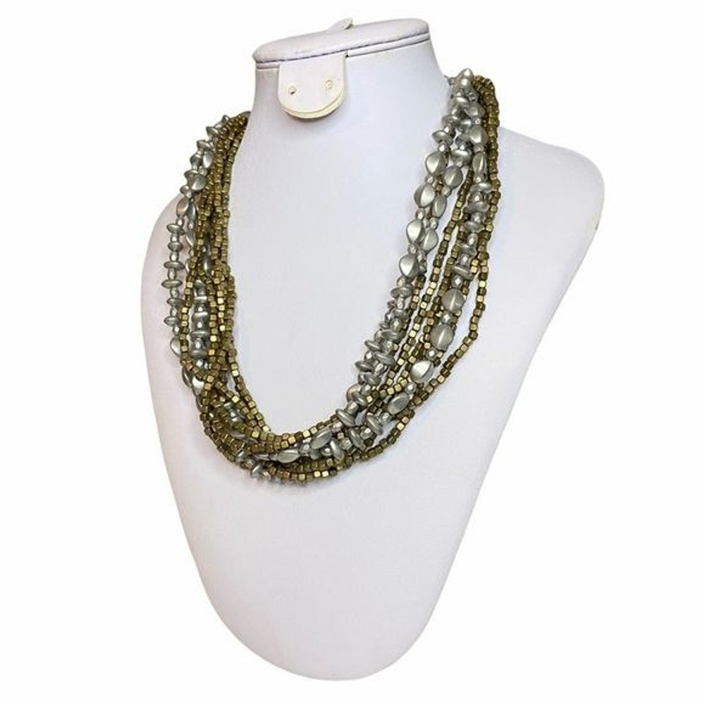 PREMIER DESIGNS Gray + Green? 9 Strands Beaded Statement Matte Silver Necklace