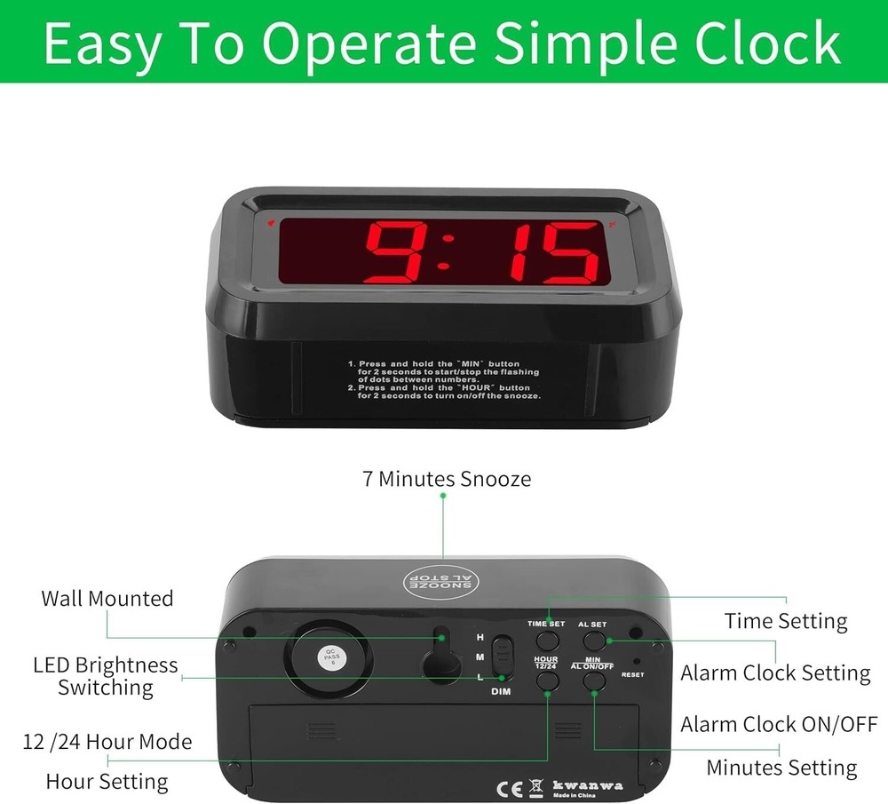 Digital Alarm Clock LED Display Small Wall Clock Battery Operated