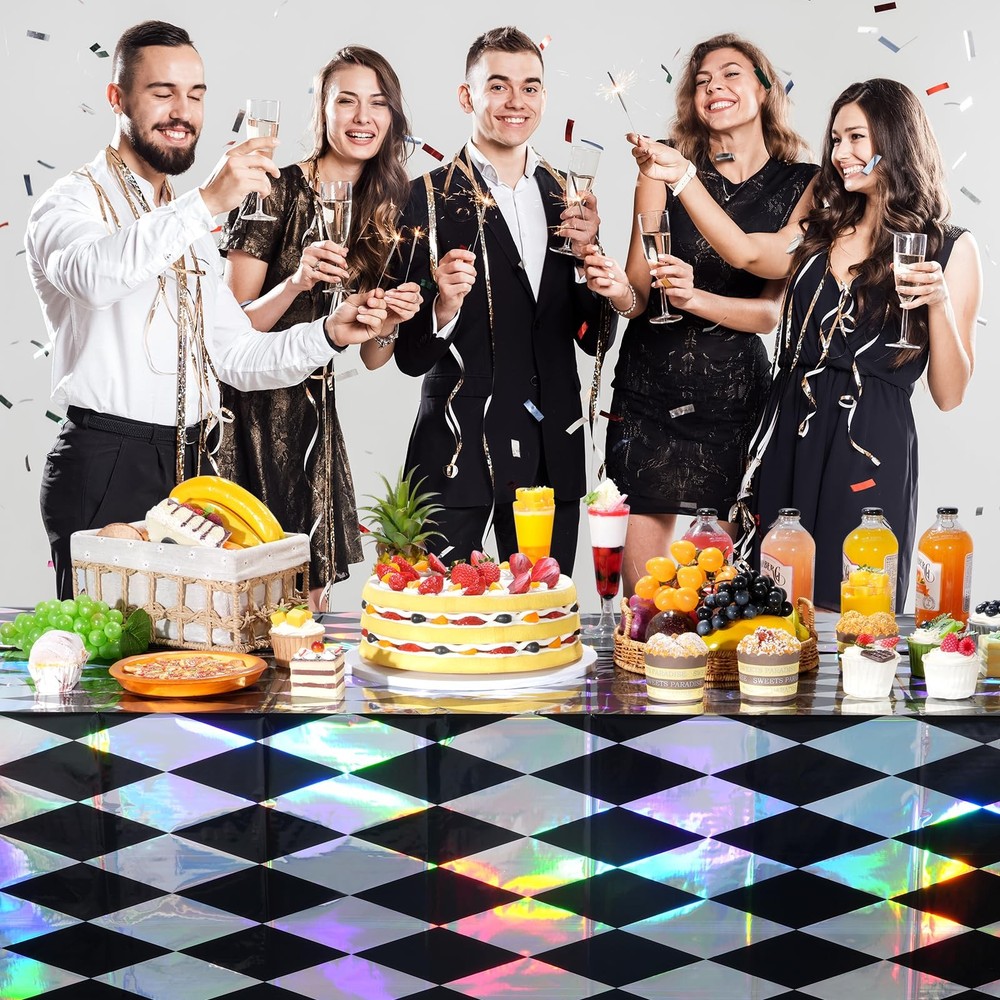 6 Pack Black and Iridescent Diamond Checkered Plastic Tablecloths, Black Ging...
