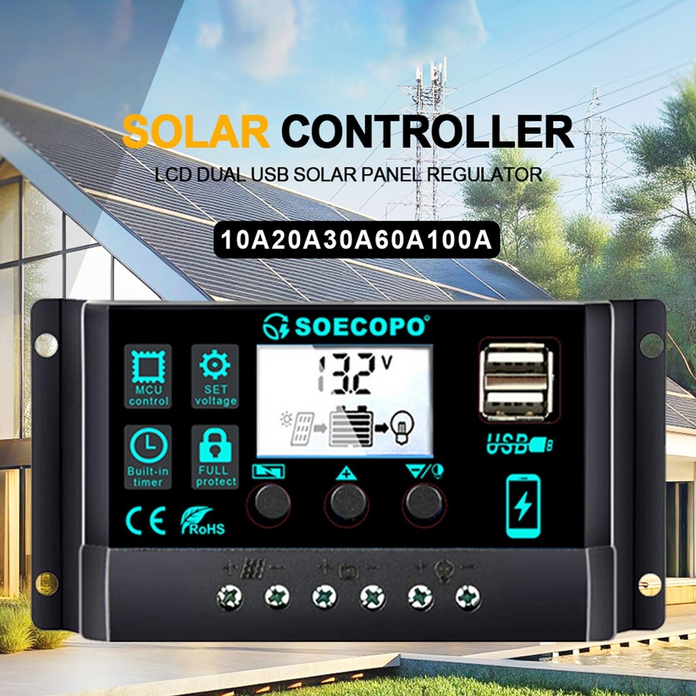 12/24V 10-100A Solar ChargeController AutoSwitch LCD for RV Boat Off-Grid System