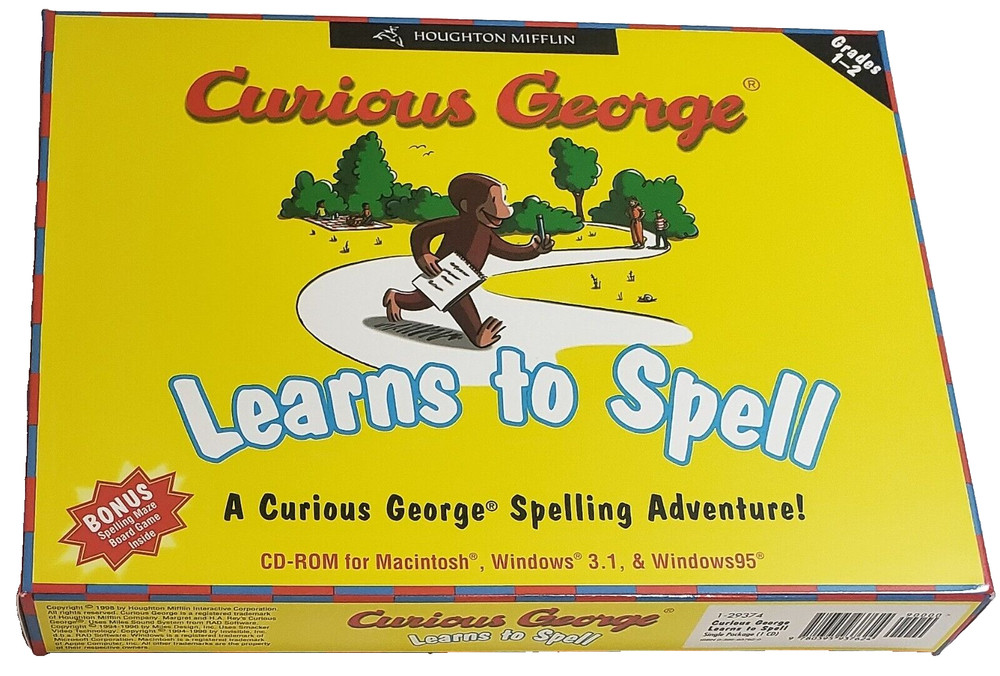 Curious George Learns to Spell CD-ROM PC Game, Board G. & User's Guide Win98 MAC