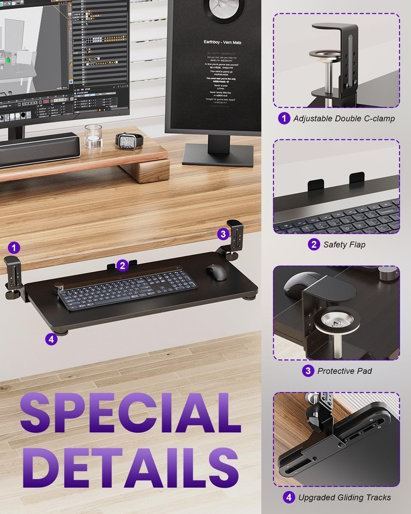 Ergonomic Mouse & Keyboard Tray under Desk, Pull Out with Adjustable C-Clamp, 20