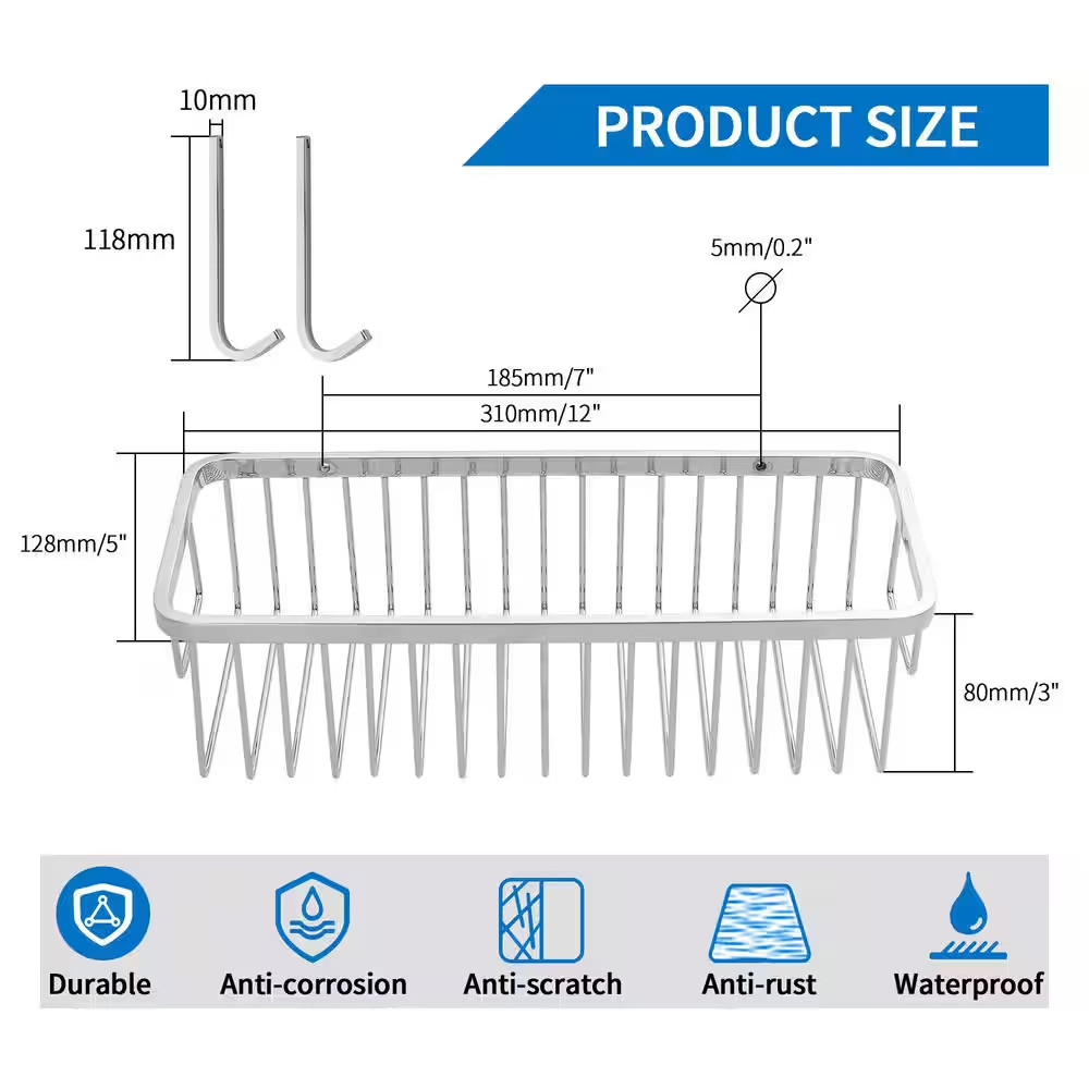 2 Pack Wall Mounted Rectangle Shower Caddy Shower Basket with 2 Detachable Hooks