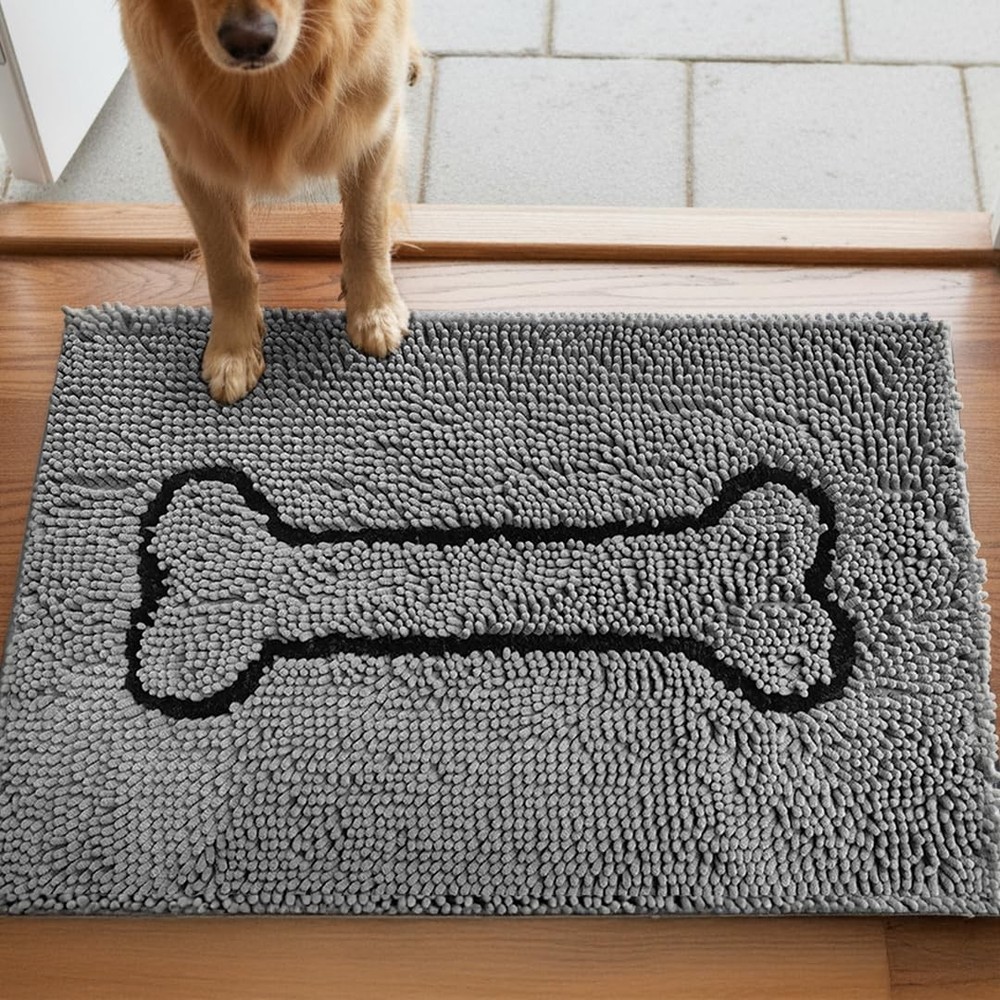 ™ Dog Door Mat with Bone Design, Super Absorbent Microfiber Chenille, Non-Sli...
