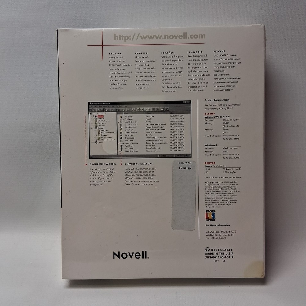 NOVELL Version 5 GroupWise Messaging Software PC CD-Rom Windows 95/ NT 4.0