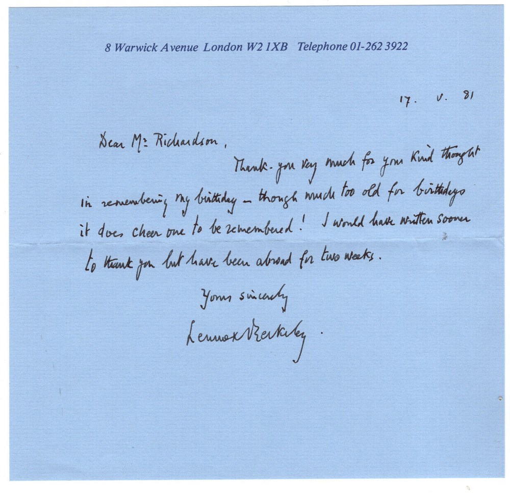 Lennox Berkeley Signed Letter 1981 / Autographed Composer