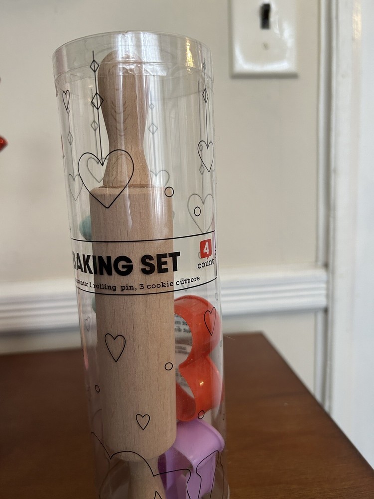 Valentines Day Baking Set 4 Count, Mini Rolling Pin , 3 Cookie Cutters