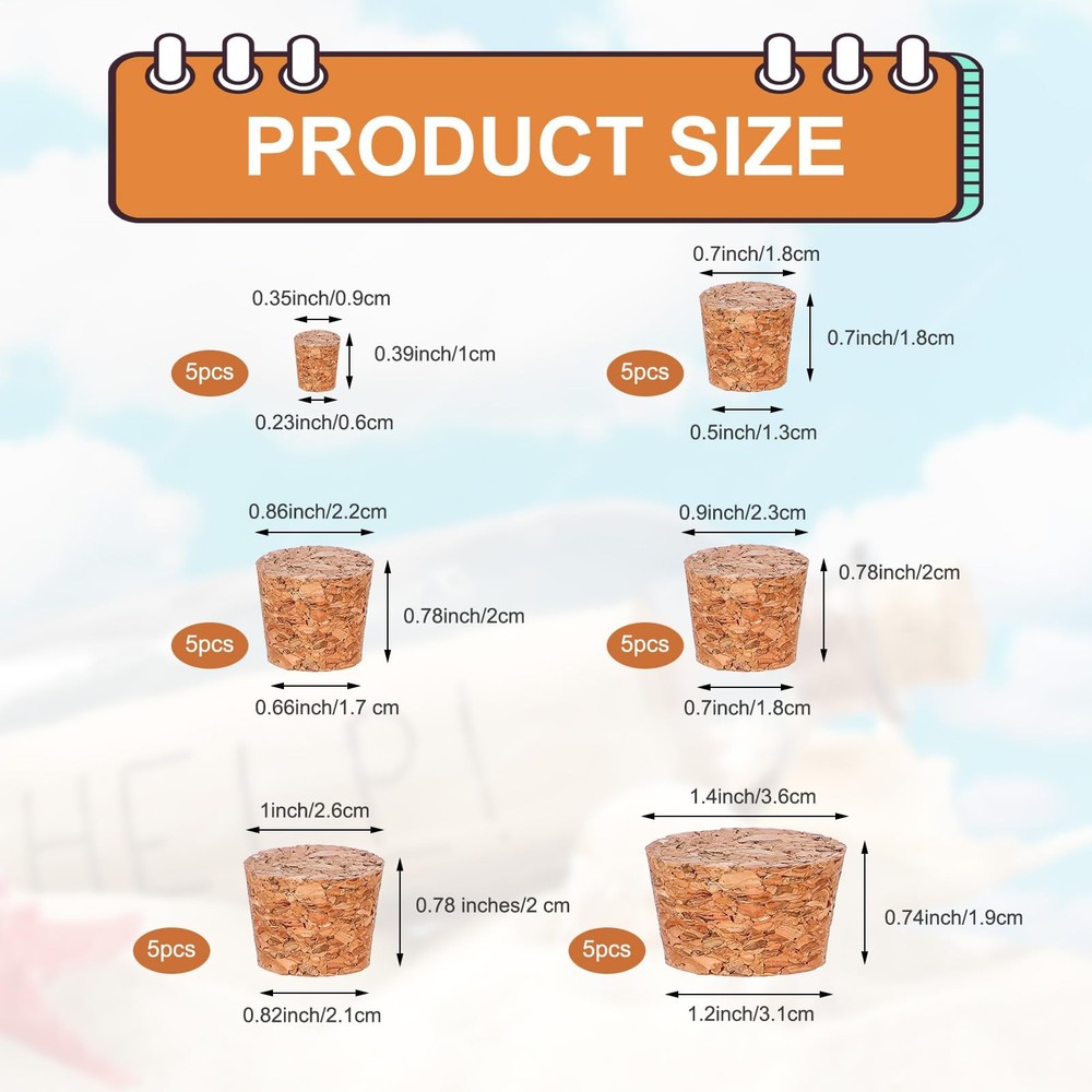 30 Pcs Assorted Corks 6 Sizes Mini Replacement Stoppers Tapered Plugs Natural