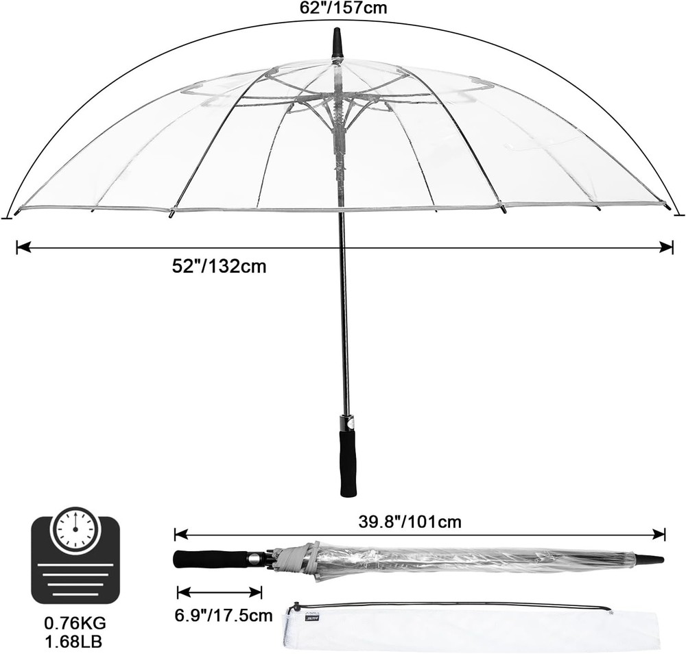 62 Inch Clear Golf Umbrella Transparent Auto Open Large Stick Umbrella Oversized