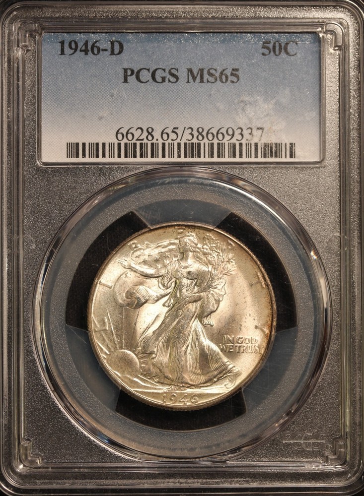 1946 D Walking Liberty Half Dollar, PCGS MS65, Sharp, Nice Toning!