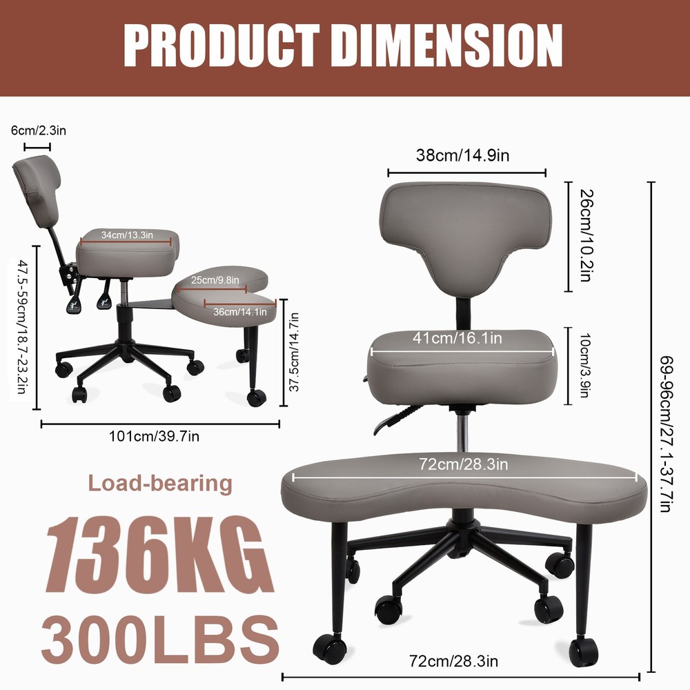 Height Adjustable Seat with Wheels for ADHD, Kneeling Chair with Back Support