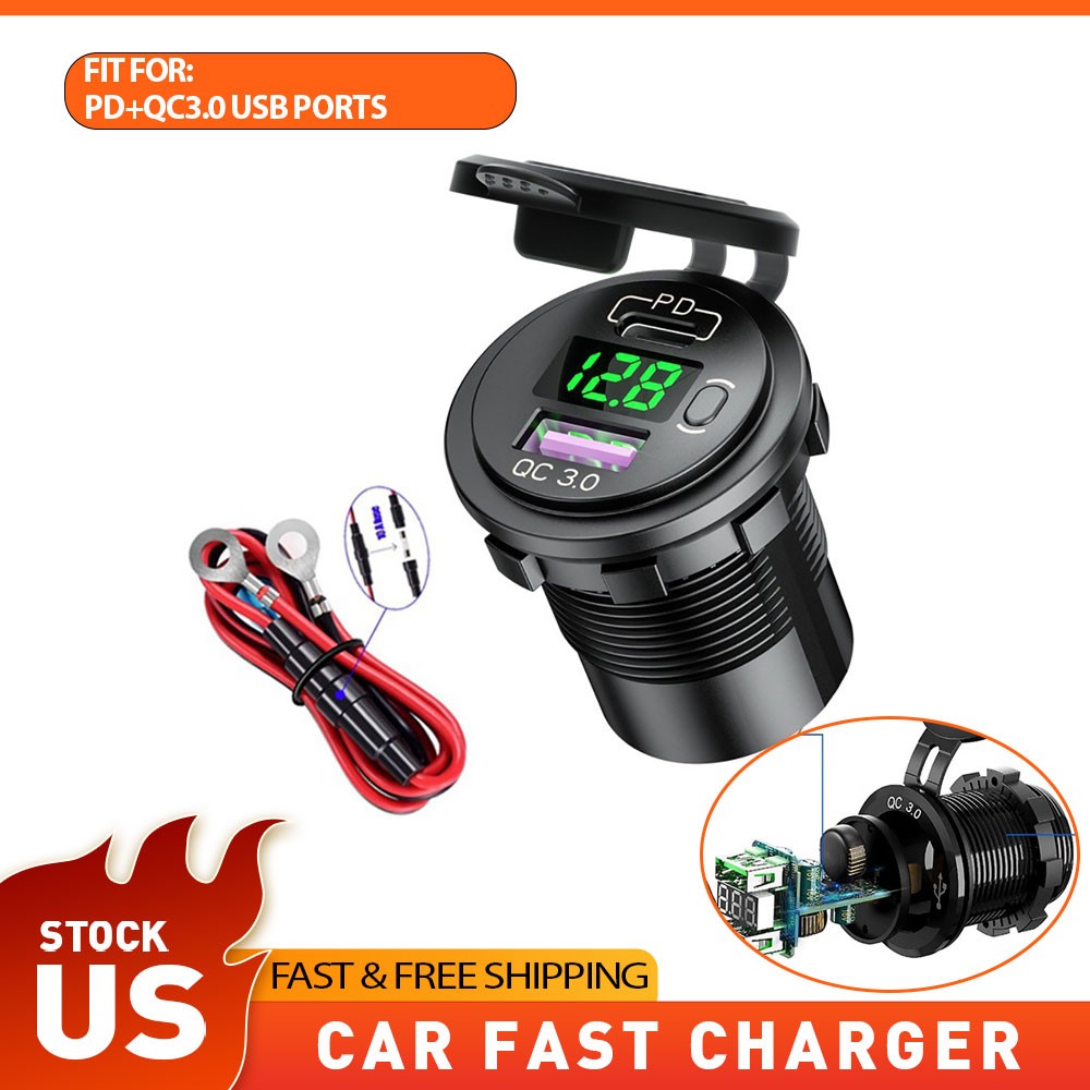 PD + QC3.0 USB Car Fast Charger Socket LED Voltmeter For iPhone Samsung Android