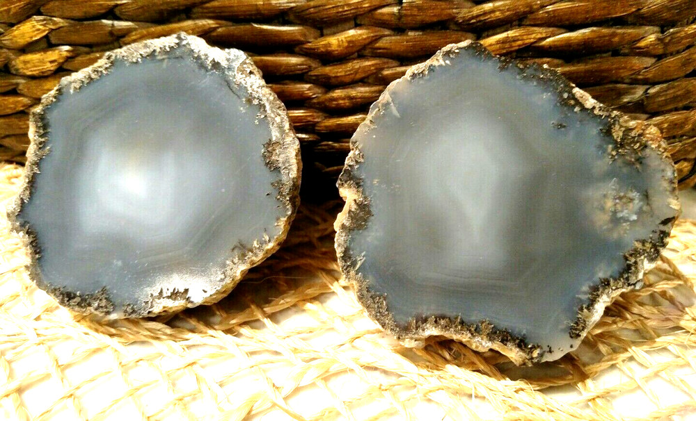 Blue Agate Cut Geode, Halves, 3" Diameter x 1.25" Deep, SET/2 Matching, EUC