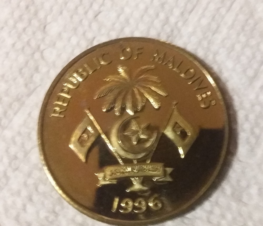 Rare Error 1996 Maldives Color Brass Fish Ship Pattern 250 R