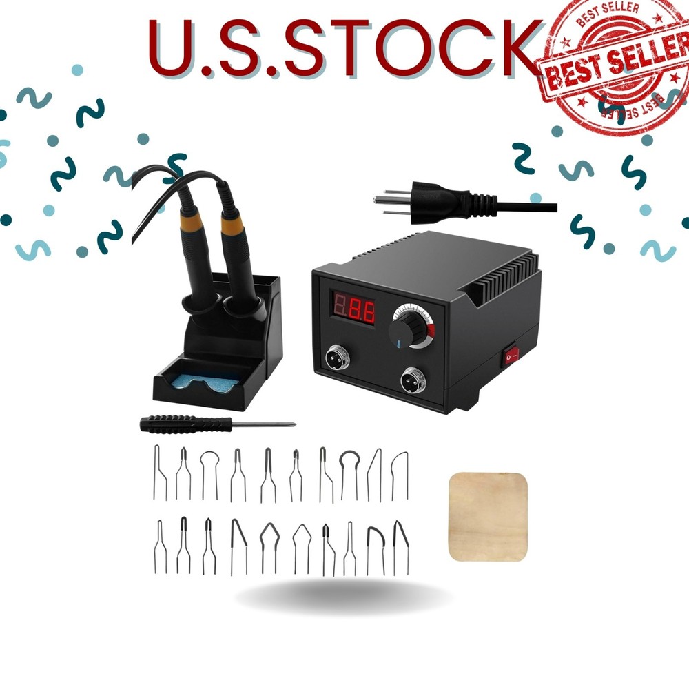Wood burning kit 25–750℃ with digital temp control, 2 pens, 20 tips