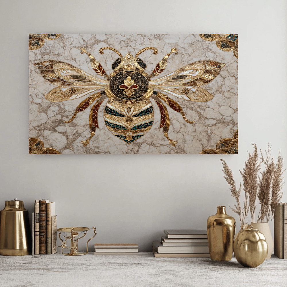 Gold Marble Look Bee Print Backsplash, Tempered Glass Kitchen Backsplash