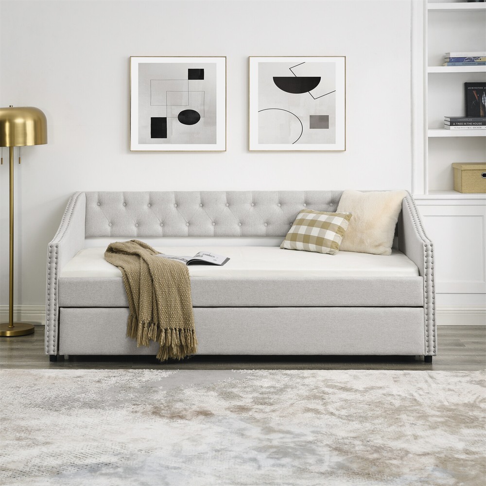 Twin/Full Size Daybed w/ Pull Out Trundle Bed Upholstered Bed Frame Sofa Bed