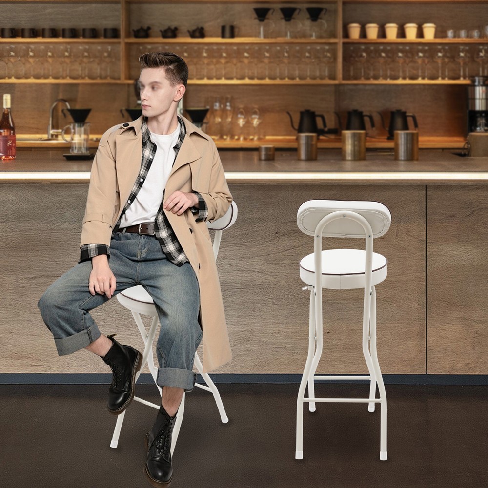 2PCS Bar Stool Portable Folding Stool Padded Folding High Chairs White Modern