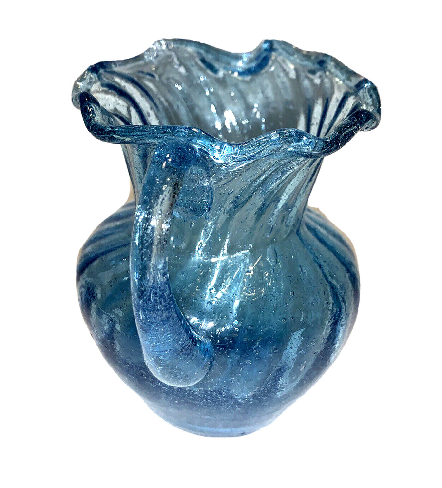 Small Hand Blown Blue Glass Creamer Pitcher w Applied Handle