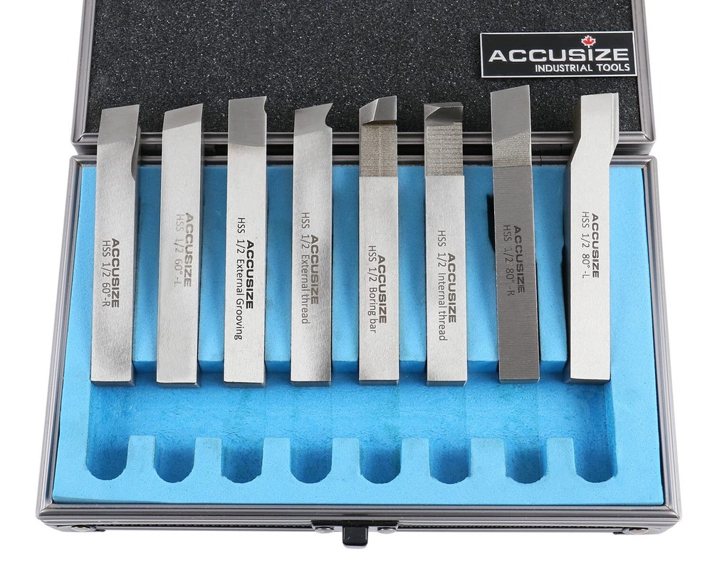 Accusize Industrial Tools 8-Piece HSS Tool Bit Set, 1/2'' Shank Lathe Tools