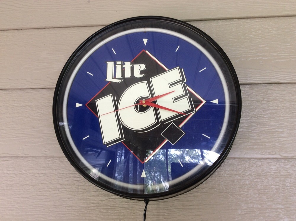 Miller Lite Ice Beer Clock 17 In. Diameter White Neon Lite